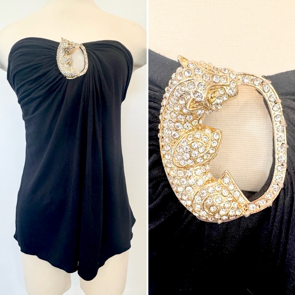Vintage SKY Gold Leopard Rhinestone Glam Black Stretch Knit Strapless Top M
